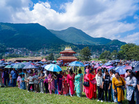 Nepalese Hindu devotees dress as deities and perform a traditional ritual dance during the Sikali Jatra festival in Khokana village, Lalitpu...