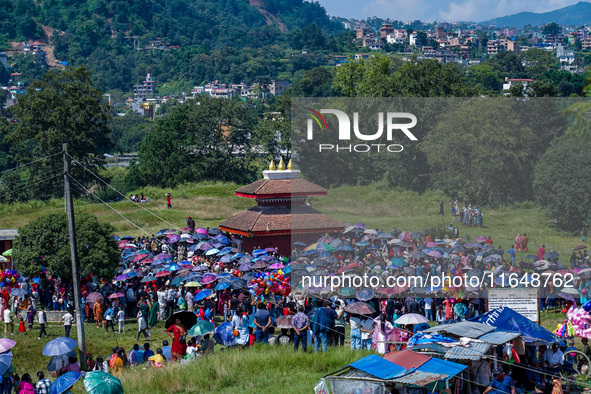 Nepalese Hindu devotees dress as deities and perform a traditional ritual dance during the Sikali Jatra festival in Khokana village, Lalitpu...