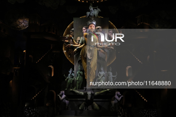 A Hindu goddess Durga is pictured inside a ''pandal'' or temporary platform ahead of the Durga Puja festival in Kolkata, India, on October 8...