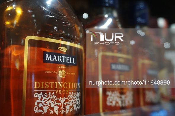 A photo taken on October 8, 2024, shows Martell cognac from France at a supermarket in Hangzhou, China. On the same day, the Ministry of Com...