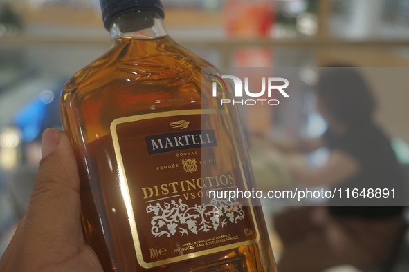 A photo taken on October 8, 2024, shows Martell cognac from France at a supermarket in Hangzhou, China. On the same day, the Ministry of Com...