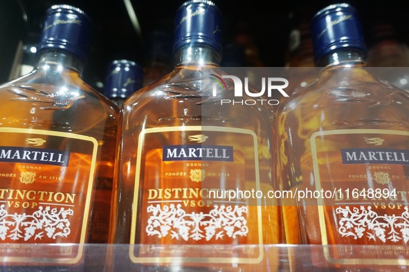 A photo taken on October 8, 2024, shows Martell cognac from France at a supermarket in Hangzhou, China. On the same day, the Ministry of Com...