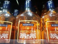 A photo taken on October 8, 2024, shows Martell cognac from France at a supermarket in Hangzhou, China. On the same day, the Ministry of Com...