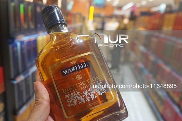 A photo taken on October 8, 2024, shows Martell cognac from France at a supermarket in Hangzhou, China. On the same day, the Ministry of Com...