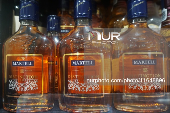 A photo taken on October 8, 2024, shows Martell cognac from France at a supermarket in Hangzhou, China. On the same day, the Ministry of Com...