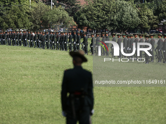 Nepalese army personnel participate in a grand rehearsal for the upcoming Fulpati of the biggest Hindu festival, Dashain Celebration, at Tud...