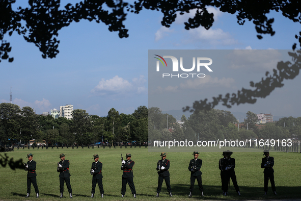 Nepalese army personnel participate in a grand rehearsal for the upcoming Fulpati of the biggest Hindu festival, Dashain Celebration, at Tud...