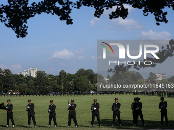 Nepalese army personnel participate in a grand rehearsal for the upcoming Fulpati of the biggest Hindu festival, Dashain Celebration, at Tud...