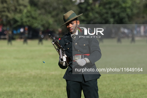 Nepalese army personnel participate in a grand rehearsal for the upcoming Fulpati of the biggest Hindu festival, Dashain Celebration, at Tud...