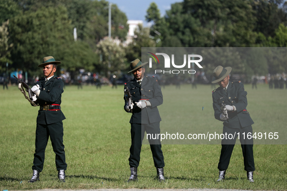 Nepalese army personnel participate in a grand rehearsal for the upcoming Fulpati of the biggest Hindu festival, Dashain Celebration, at Tud...