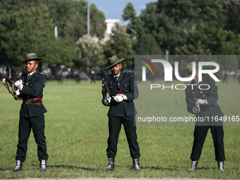 Nepalese army personnel participate in a grand rehearsal for the upcoming Fulpati of the biggest Hindu festival, Dashain Celebration, at Tud...