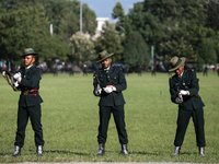 Nepalese army personnel participate in a grand rehearsal for the upcoming Fulpati of the biggest Hindu festival, Dashain Celebration, at Tud...