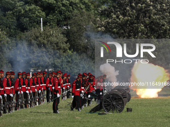 Nepalese army personnel fire cannons during a grand rehearsal for the upcoming Fulpati of the biggest Hindu festival, Dashain Celebration, a...