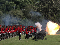 Nepalese army personnel fire cannons during a grand rehearsal for the upcoming Fulpati of the biggest Hindu festival, Dashain Celebration, a...