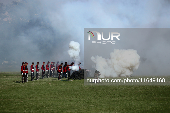 Nepalese army personnel fire cannons during a grand rehearsal for the upcoming Fulpati of the biggest Hindu festival, Dashain Celebration, a...