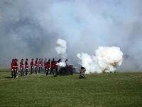 Nepalese army personnel fire cannons during a grand rehearsal for the upcoming Fulpati of the biggest Hindu festival, Dashain Celebration, a...