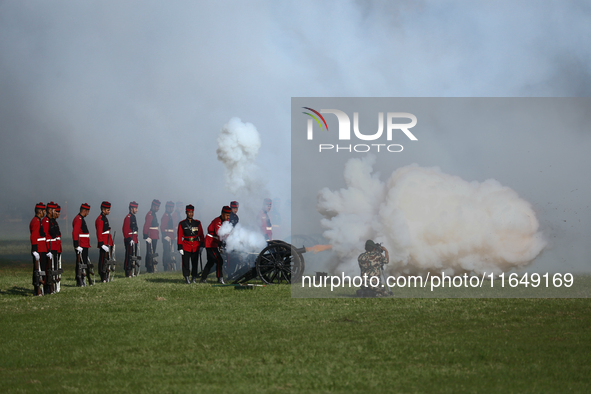 Nepalese army personnel fire cannons during a grand rehearsal for the upcoming Fulpati of the biggest Hindu festival, Dashain Celebration, a...