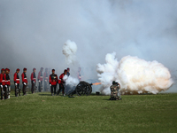 Nepalese army personnel fire cannons during a grand rehearsal for the upcoming Fulpati of the biggest Hindu festival, Dashain Celebration, a...