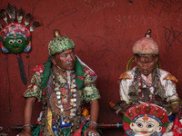 Nepalese devotees impersonate a deity by wearing traditional deity clothes and ornaments for the celebration of the Shikali Festival in Khok...