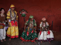 Nepalese devotees impersonate a deity by wearing traditional deity clothes and ornaments for the celebration of the Shikali Festival in Khok...