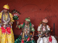 Nepalese devotees impersonate a deity by wearing traditional deity clothes and ornaments for the celebration of the Shikali Festival in Khok...