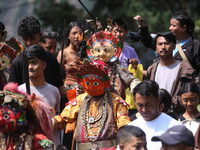 Nepalese devotees impersonate a deity during the celebration of the Shikali Festival in Khokana, Lalitpur, Nepal, on October 8, 2024. (