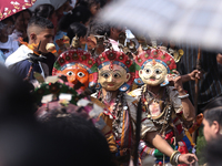 Nepalese devotees impersonate a deity during the celebration of the Shikali Festival in Khokana, Lalitpur, Nepal, on October 8, 2024. (