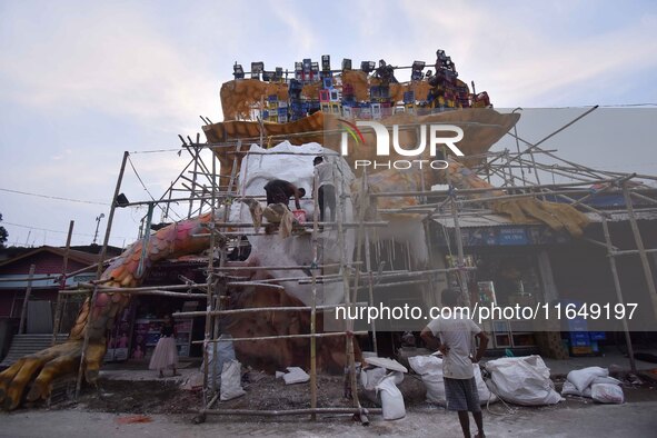 A 'pandal' is made for the Durga Puja festival in Nagaon district, Assam, India, on October 8, 2024. 