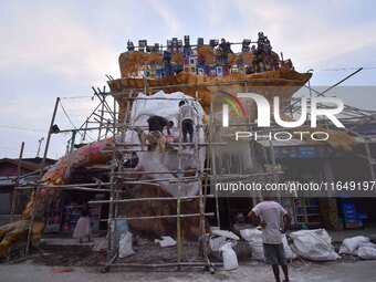 A 'pandal' is made for the Durga Puja festival in Nagaon district, Assam, India, on October 8, 2024. (