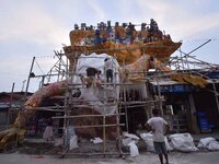 A 'pandal' is made for the Durga Puja festival in Nagaon district, Assam, India, on October 8, 2024. (