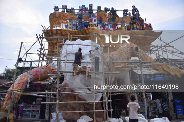 A 'pandal' is made for the Durga Puja festival in Nagaon district, Assam, India, on October 8, 2024. 