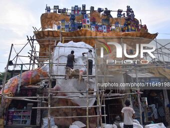 A 'pandal' is made for the Durga Puja festival in Nagaon district, Assam, India, on October 8, 2024. (