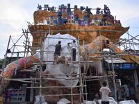 A 'pandal' is made for the Durga Puja festival in Nagaon district, Assam, India, on October 8, 2024. (