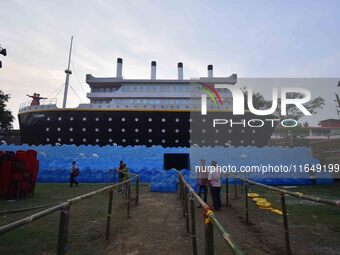 A 'pandal' is made in the shape of the ship 'Titanic' for the Durga Puja festival in Nagaon district, Assam, India, on October 8, 2024. (