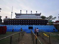 A 'pandal' is made in the shape of the ship 'Titanic' for the Durga Puja festival in Nagaon district, Assam, India, on October 8, 2024. (