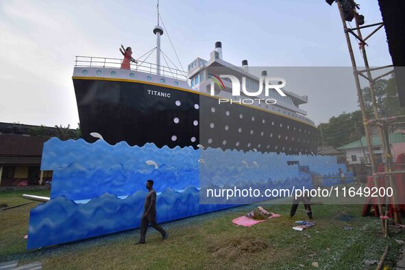 A 'pandal' is made in the shape of the ship 'Titanic' for the Durga Puja festival in Nagaon district, Assam, India, on October 8, 2024. 