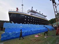 A 'pandal' is made in the shape of the ship 'Titanic' for the Durga Puja festival in Nagaon district, Assam, India, on October 8, 2024. (