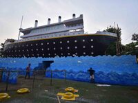 A 'pandal' is made in the shape of the ship 'Titanic' for the Durga Puja festival in Nagaon district, Assam, India, on October 8, 2024. (