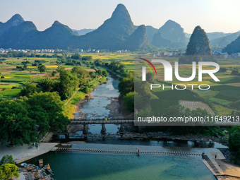 A photo taken in Guilin, China, on October 7, 2024, shows the colorful rice landscape in autumn in South China's Guangxi Zhuang Autonomous r...