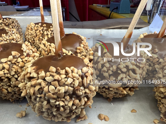 Caramel candy apples are covered with nuts at a carnival in Markham, Ontario, Canada, on October 5, 2024. (