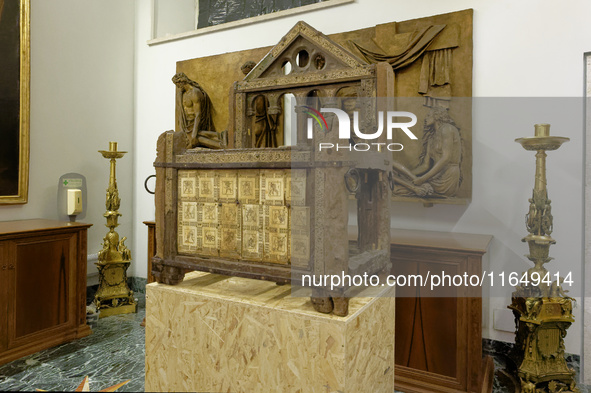 A view of the relic of the first Pope, the wooden throne known as the 'Cathedra Sancti Petri Apostoli', is temporarily removed during the re...