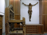 A view of the relic of the first Pope, the wooden throne known as the 'Cathedra Sancti Petri Apostoli', is temporarily removed during the re...