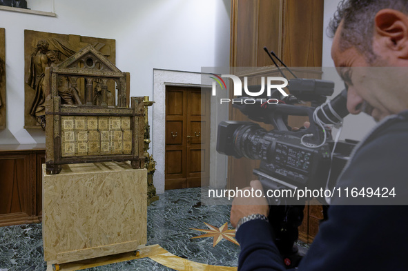 A view of the relic of the first Pope, the wooden throne known as the 'Cathedra Sancti Petri Apostoli', is temporarily removed during the re...