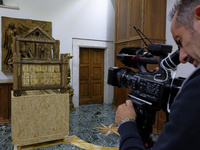 A view of the relic of the first Pope, the wooden throne known as the 'Cathedra Sancti Petri Apostoli', is temporarily removed during the re...