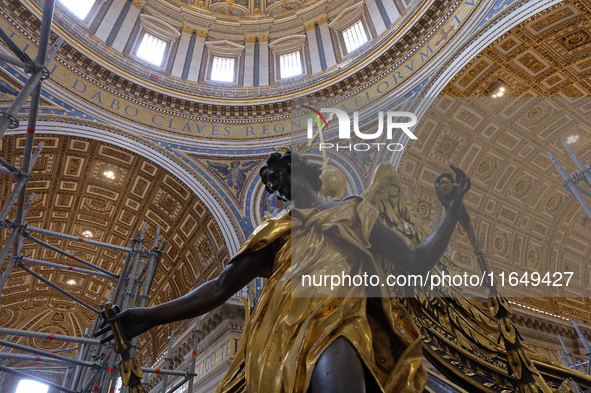 A view of the restoration work of the Canopy of Saint Peter, created by Gian Lorenzo Bernini, at St. Peter's Basilica in Vatican City, on Oc...