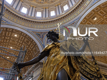 A view of the restoration work of the Canopy of Saint Peter, created by Gian Lorenzo Bernini, at St. Peter's Basilica in Vatican City, on Oc...