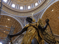 A view of the restoration work of the Canopy of Saint Peter, created by Gian Lorenzo Bernini, at St. Peter's Basilica in Vatican City, on Oc...