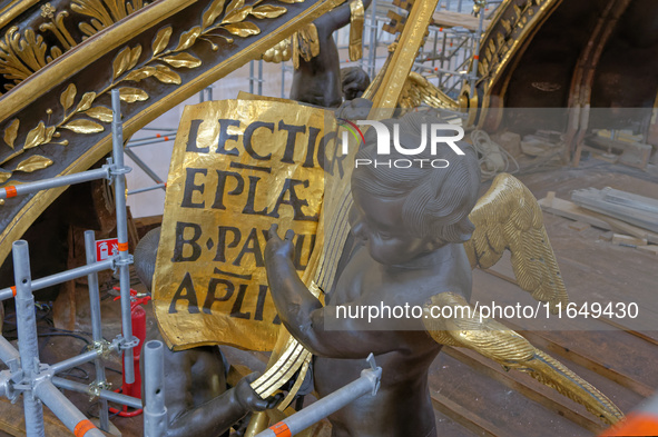 A view of the restoration work of the Canopy of Saint Peter, created by Gian Lorenzo Bernini, at St. Peter's Basilica in Vatican City, on Oc...