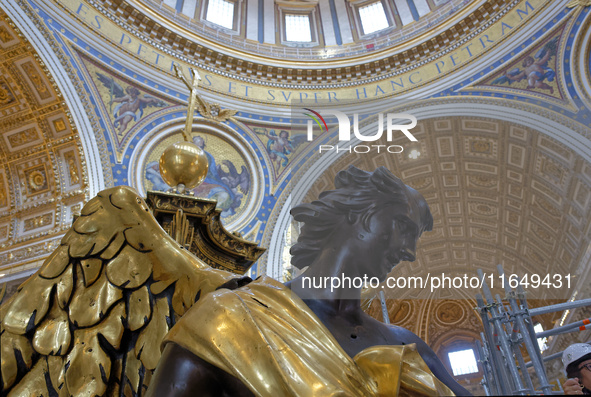 A view of the restoration work of the Canopy of Saint Peter, created by Gian Lorenzo Bernini, at St. Peter's Basilica in Vatican City, on Oc...