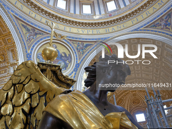 A view of the restoration work of the Canopy of Saint Peter, created by Gian Lorenzo Bernini, at St. Peter's Basilica in Vatican City, on Oc...